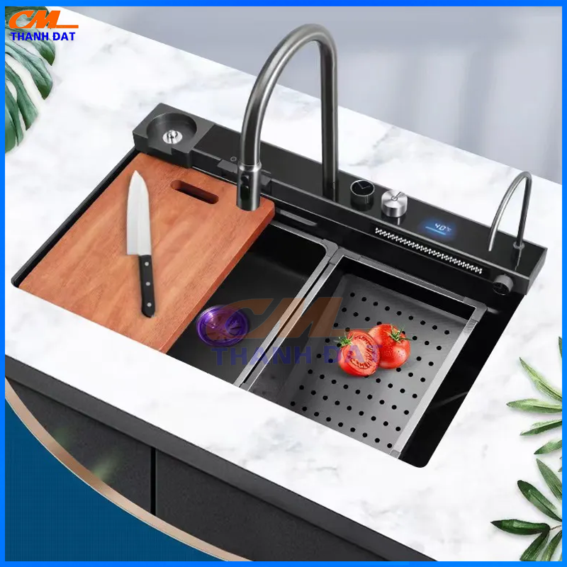 Chậu Rửa Bát 1 Hố 3 Nút Bấm Phím Đàn Inox 304, Thác Rửa Tiện Lợi