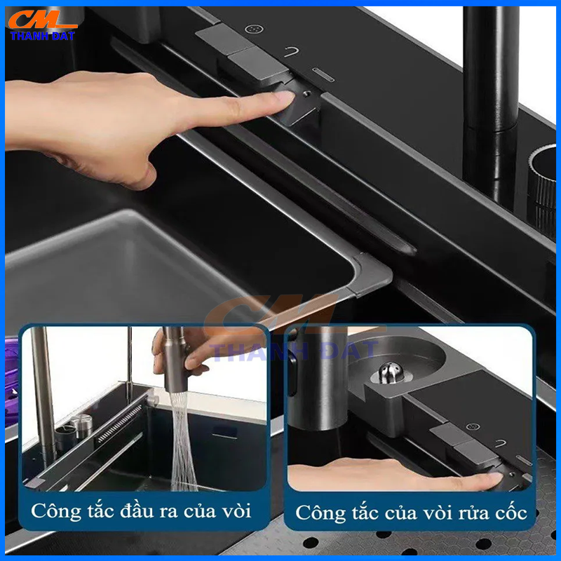 Chậu Rửa Bát 1 Hố 3 Nút Bấm Phím Đàn Inox 304, Thác Rửa Tiện Lợi 25 C3.14