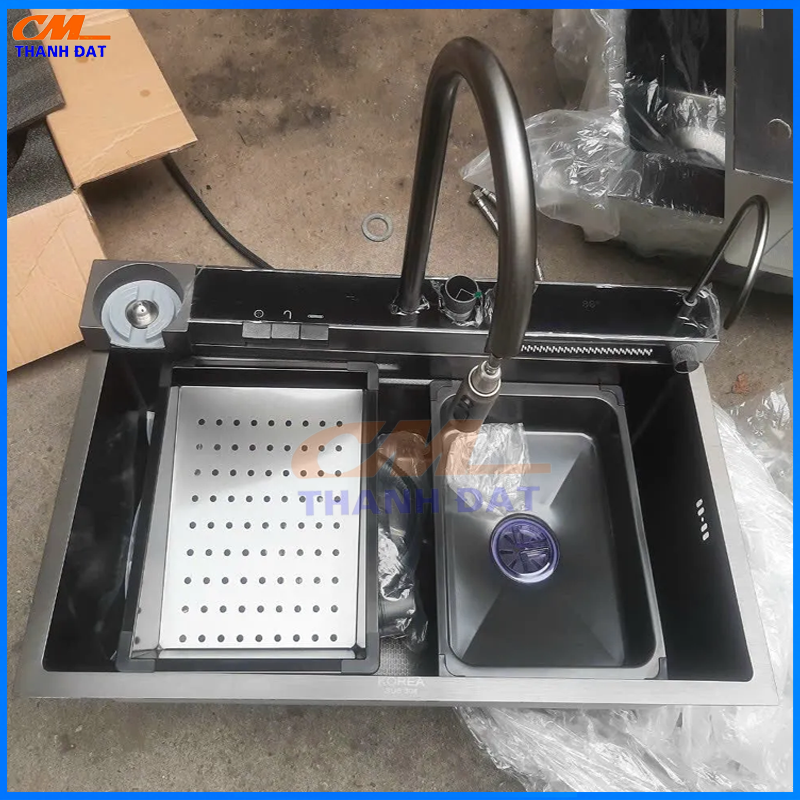 Chậu Rửa Bát 1 Hố 3 Nút Bấm Phím Đàn Inox 304, Thác Rửa Tiện Lợi 26 C3.19