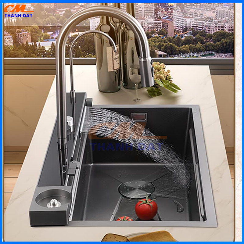 Chậu Rửa Bát 1 Hố 3 Nút Bấm Phím Đàn Inox 304, Thác Rửa Tiện Lợi 19 C3.4