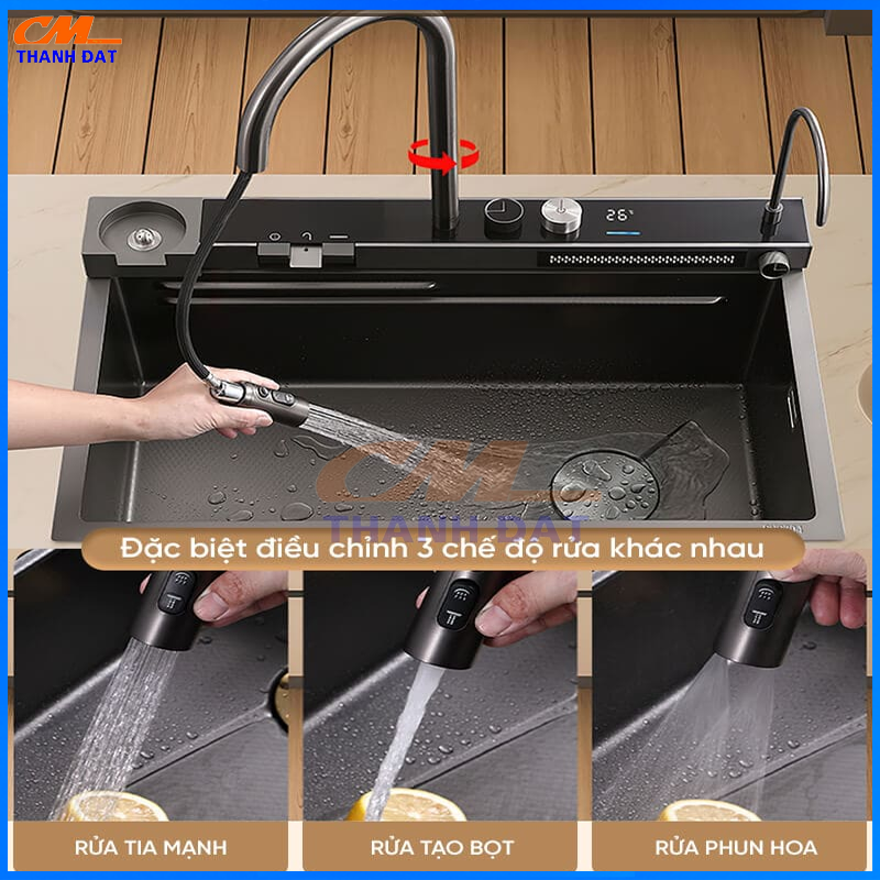 Chậu Rửa Bát 1 Hố 3 Nút Bấm Phím Đàn Inox 304, Thác Rửa Tiện Lợi 24 C3.5