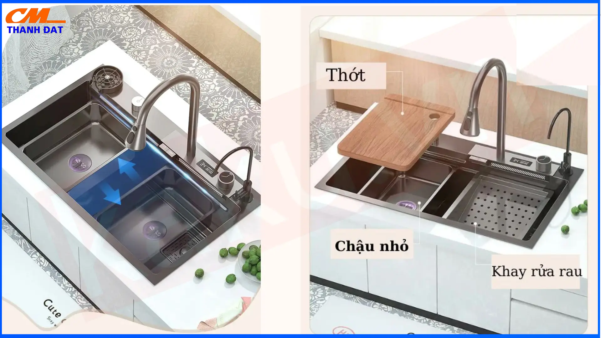 Chậu Rửa Bát Thông Minh 5 Nút Phím Đàn, Hiển Thị Thời Gian Nhiệt Độ, Đa Tính Năng Sử Dụng 18 Thiết kế