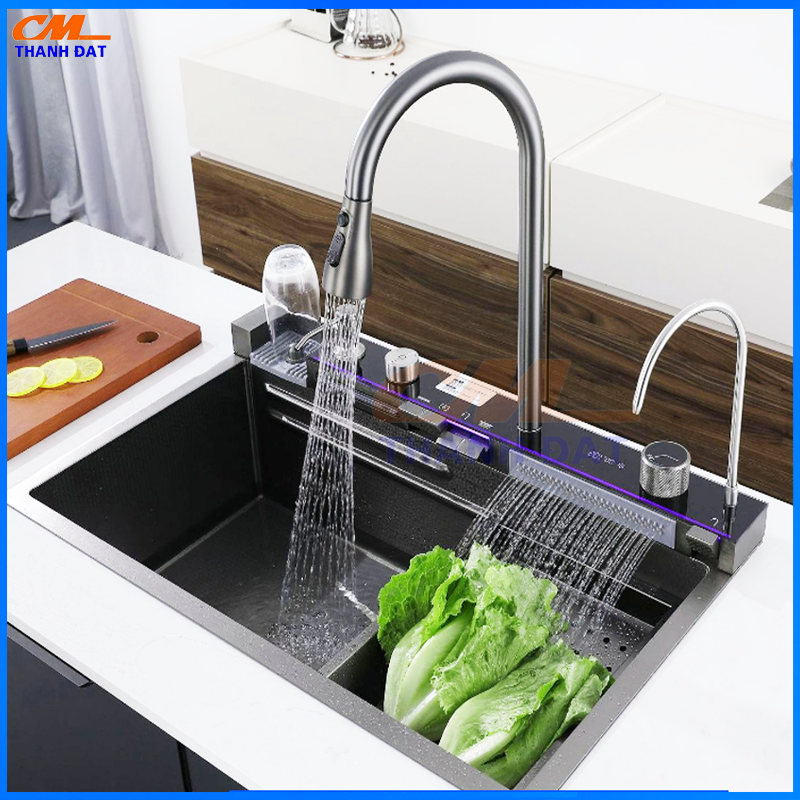 Chậu Rửa Bát Thông Minh 5 Nút Phím Đàn, Hiển Thị Thời Gian Nhiệt Độ, Đa Tính Năng Sử Dụng