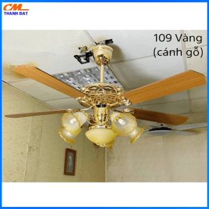 Quạt Trần Đèn Cao Cấp CT109 Cánh gỗ Động cơ DC siêu mát,có điều khiển từ xa 6 tốc độ quay,Tặng kèm bóng đèn led 2 Den Quat 1.2