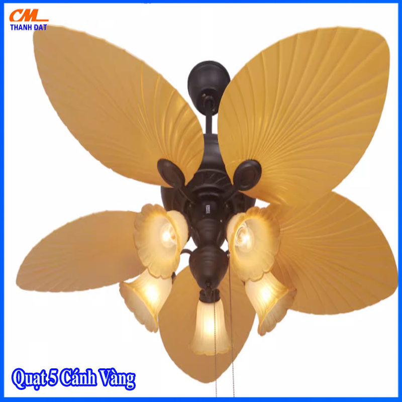 Quạt trần đèn 5 cánh lá màu vàng